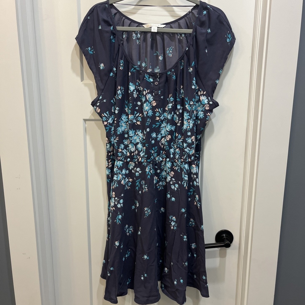 Lauren Conrad Fit & Flare Cap Sleeve Floral Dress Pockets Blue Womans Size XXL